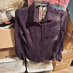 NEW TAG ! Freshbrewed WMN Blouse Mesh Lace Long Sheer Roll Sleeve Purple SizeS